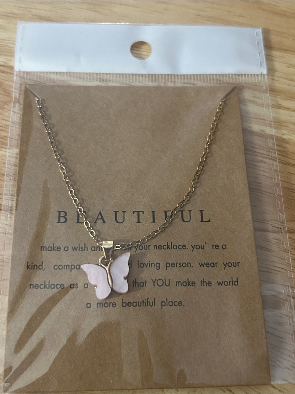 Gold Chain Necklace with Pink Butterfly Pendant -